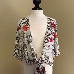 Floral Striped Tie-Front Kimono